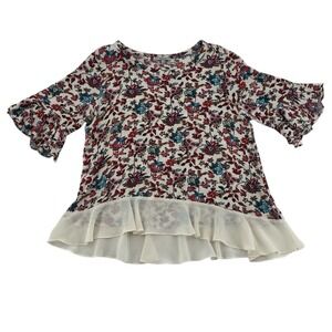 Jodifl Womens Floral Ruffle Hem Blouse Cream Red Blue Tiered Bell Sleeve Large